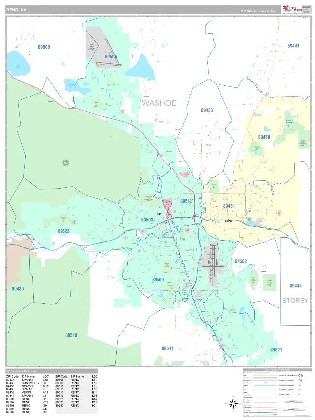 Reno, NV ZIP Code Wall Map, Classic style
