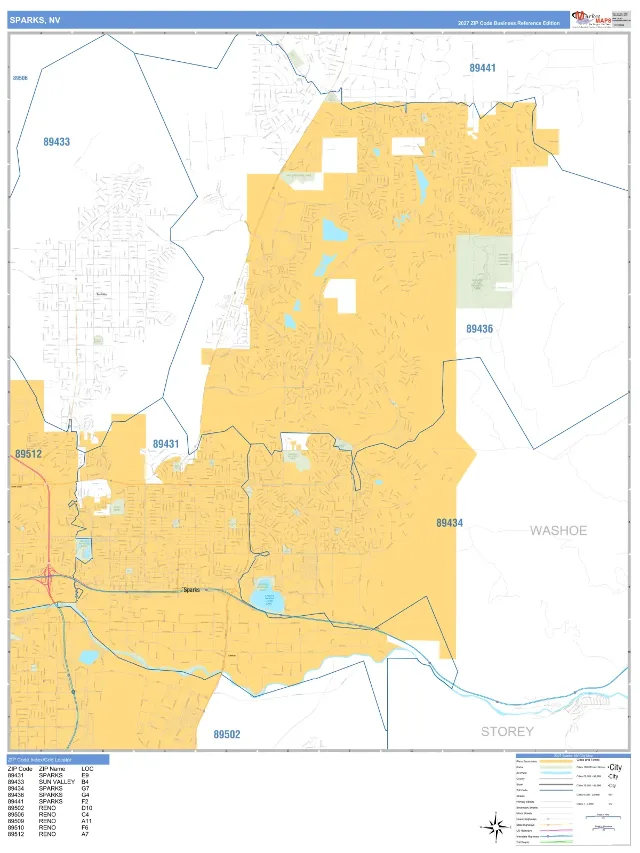 Sparks, NV ZIP Code Wall Map, Business Reference style