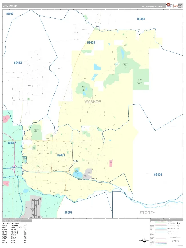 Sparks, NV ZIP Code Wall Map, Classic style