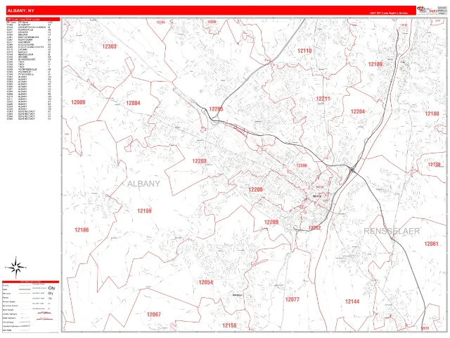 Albany, NY ZIP Code Wall Map, RedLine style