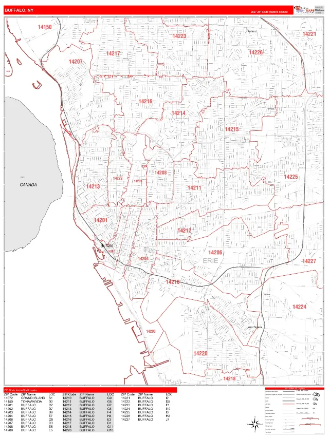 Buffalo, NY ZIP Code Wall Map, RedLine style