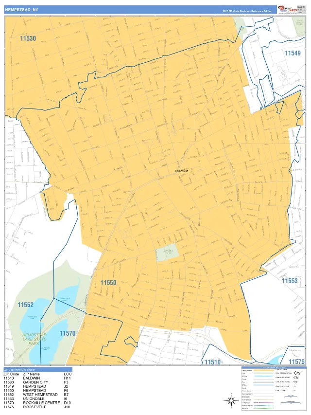 Hempstead, NY ZIP Code Wall Map, Business Reference style