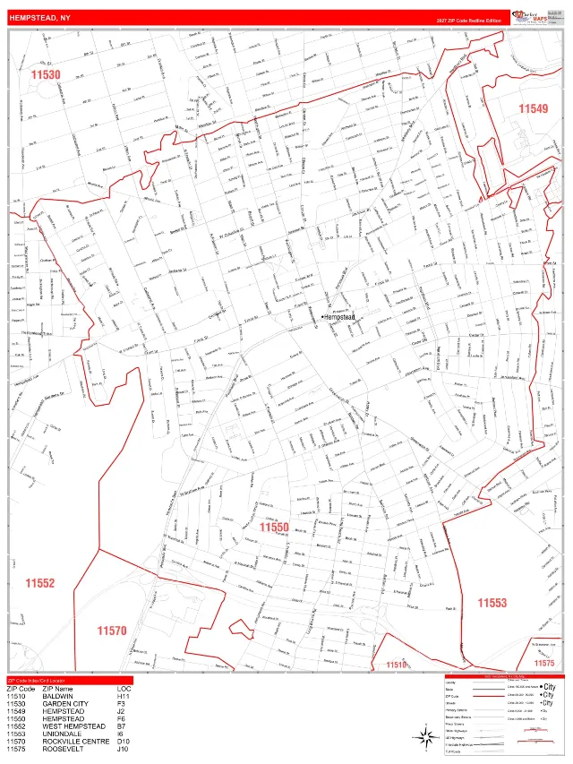 Hempstead, NY ZIP Code Wall Map, RedLine style