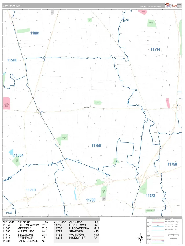 Levittown, NY ZIP Code Wall Map, Classic style