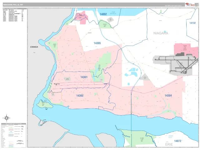 Niagara Falls, NY ZIP Code Wall Map, Classic style