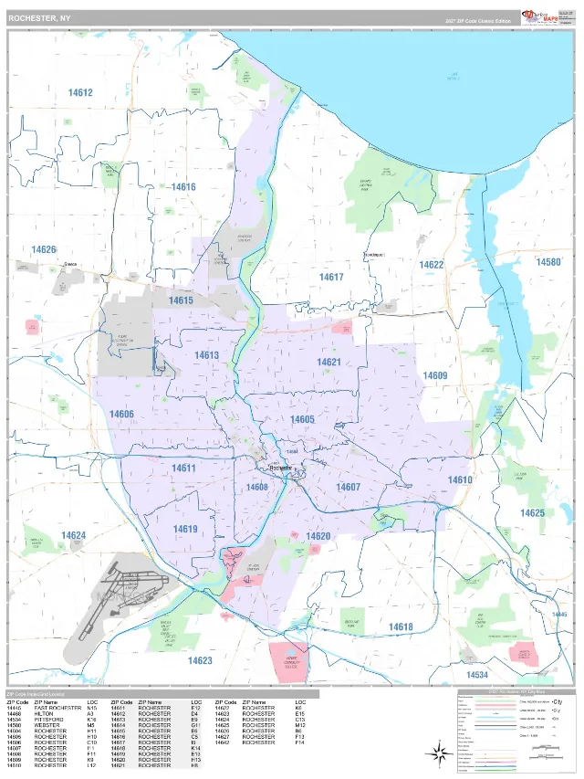 Rochester, NY ZIP Code Wall Map, Classic style
