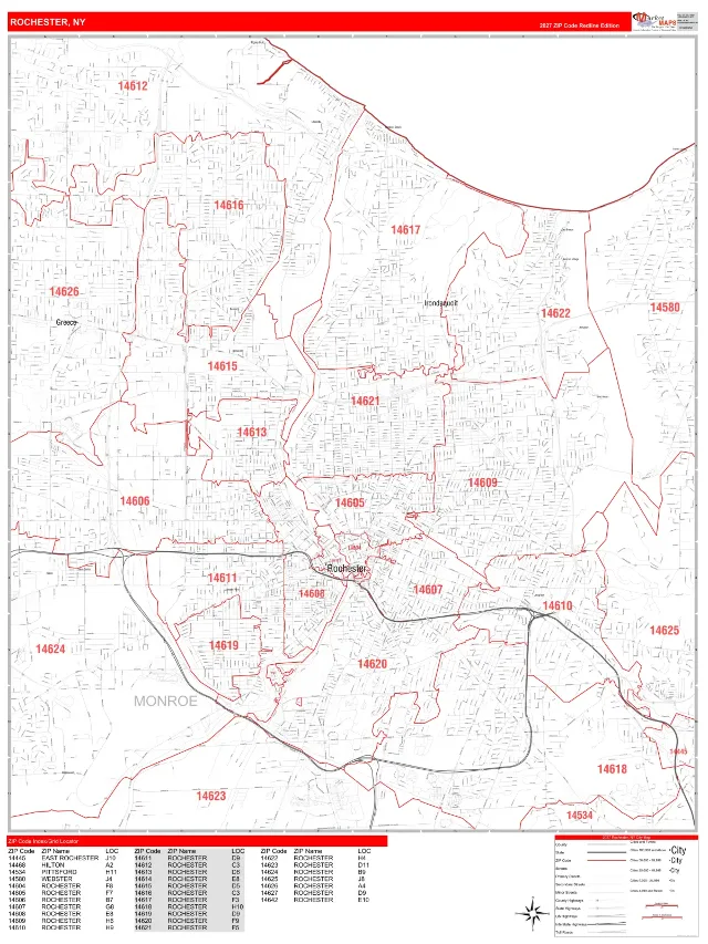 Rochester, NY ZIP Code Wall Map, RedLine style