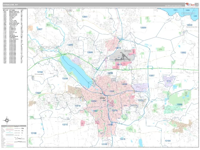 Syracuse, NY ZIP Code Wall Map, Classic style