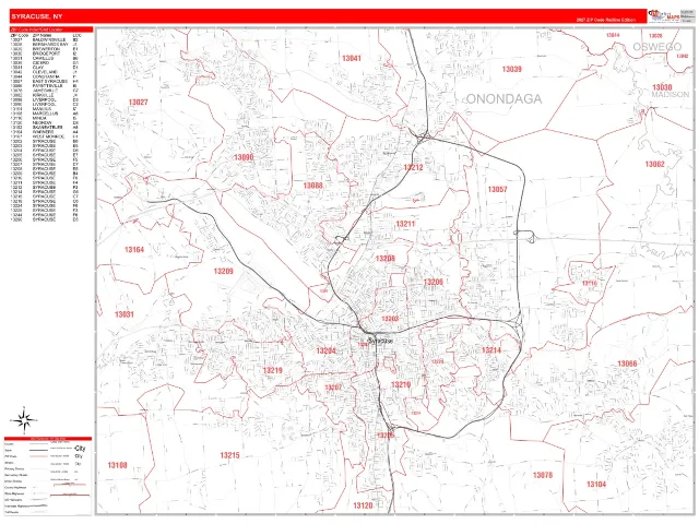 Syracuse, NY ZIP Code Wall Map, RedLine style