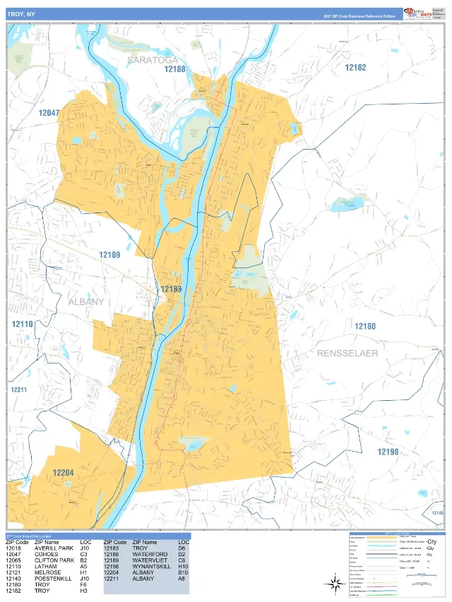 Troy, NY ZIP Code Wall Map, Business Reference style