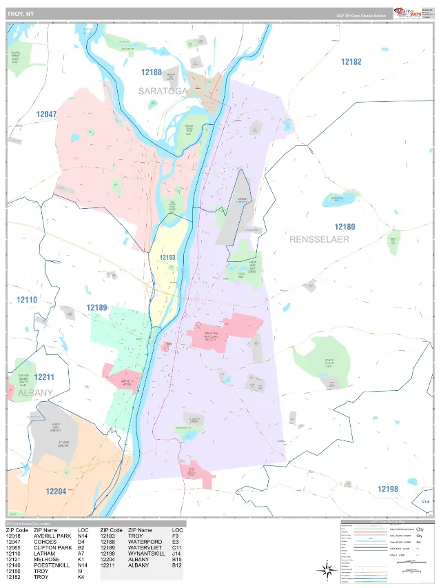 Troy, NY ZIP Code Wall Map, Classic style
