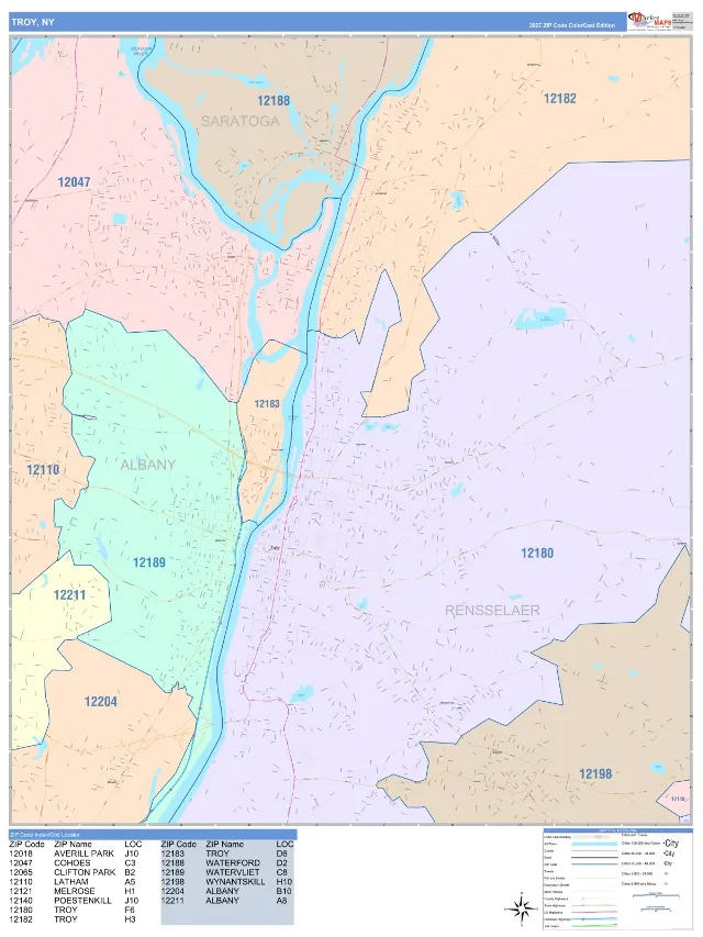 Troy, NY ZIP Code Wall Map, ColorCast style