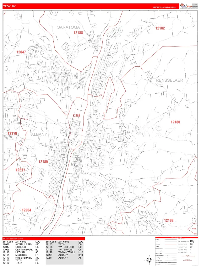 Troy, NY ZIP Code Wall Map, RedLine style
