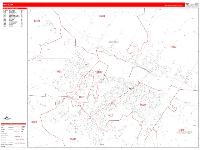 Utica, NY ZIP Code Wall Map, RedLine style