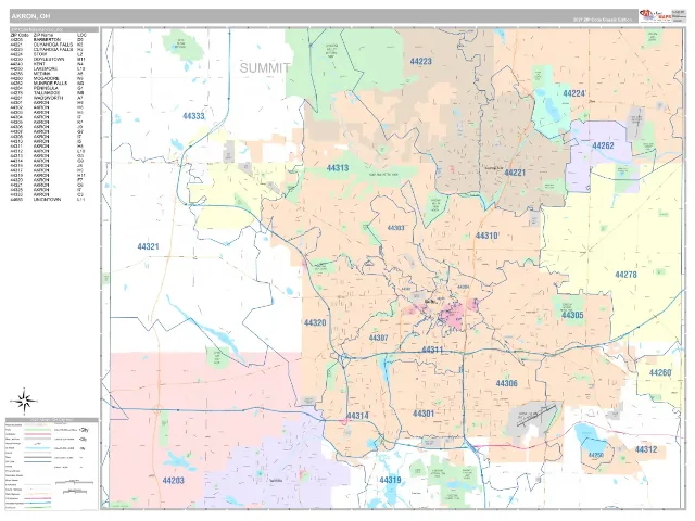 Akron, OH ZIP Code Wall Map, Classic style
