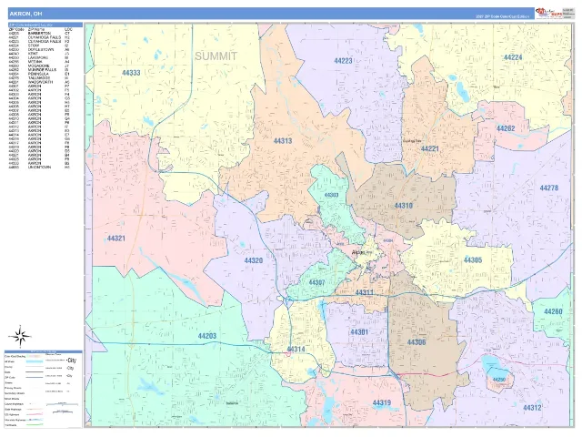 Akron, OH ZIP Code Wall Map, ColorCast style