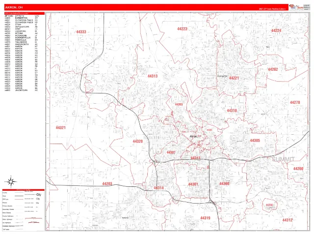 Akron, OH ZIP Code Wall Map, RedLine style