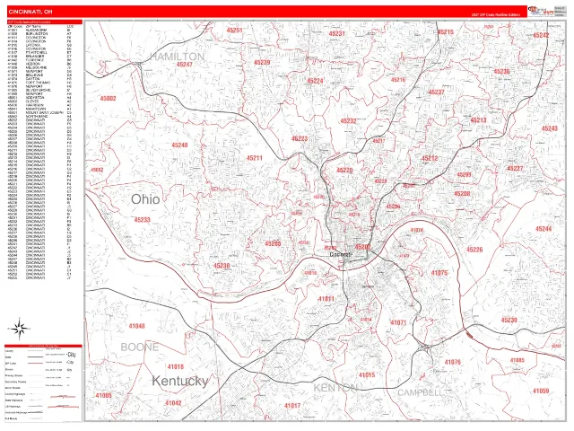 Cincinnati, OH ZIP Code Wall Map, RedLine style