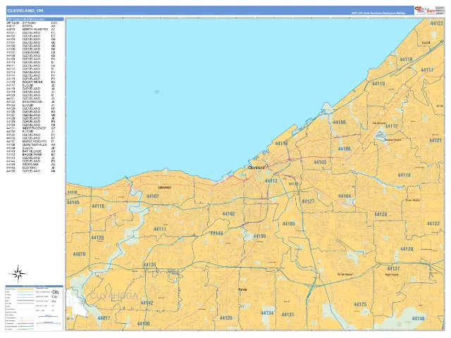 Cleveland, OH ZIP Code Wall Map, Business Reference style