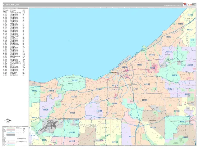 Cleveland, OH ZIP Code Wall Map, Classic style