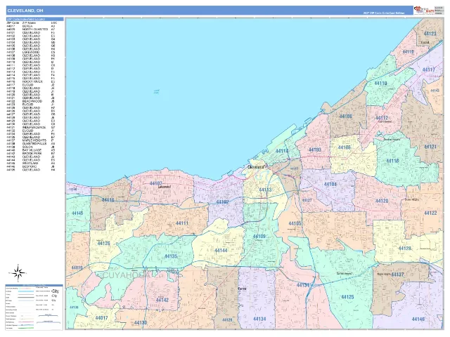 Cleveland, OH ZIP Code Wall Map, ColorCast style