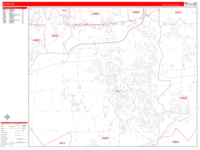Elyria, OH ZIP Code Wall Map, RedLine style