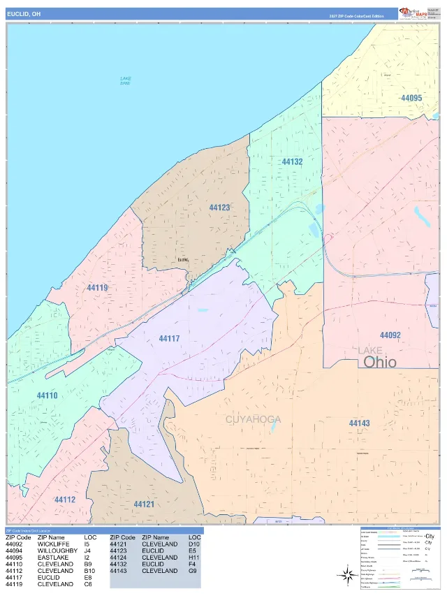 Euclid, OH ZIP Code Wall Map, ColorCast style