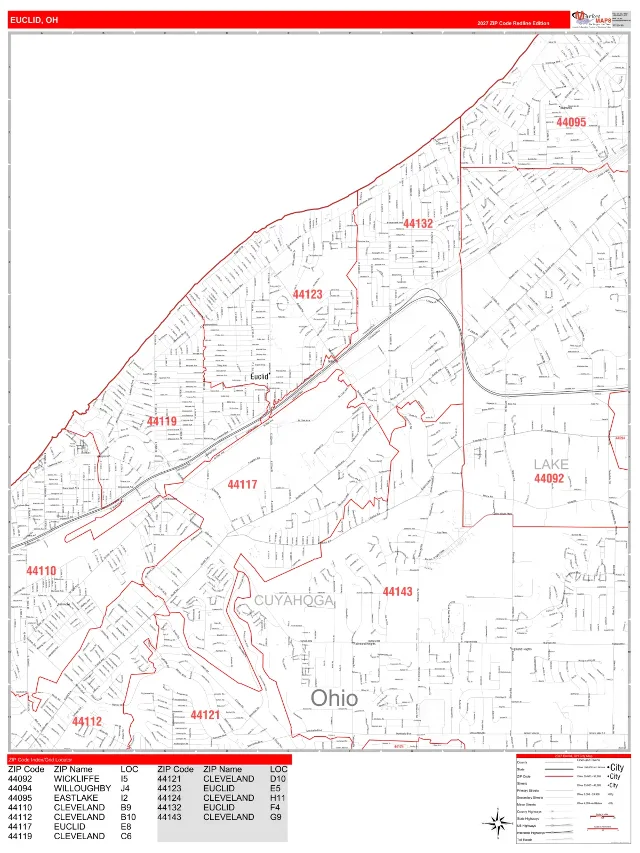 Euclid, OH ZIP Code Wall Map, RedLine style