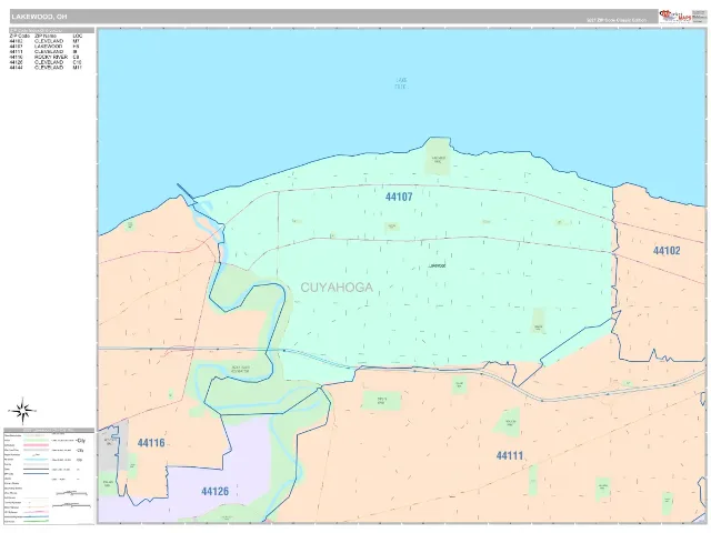 Lakewood, OH ZIP Code Wall Map, Classic style