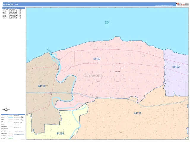 Lakewood, OH ZIP Code Wall Map, ColorCast style
