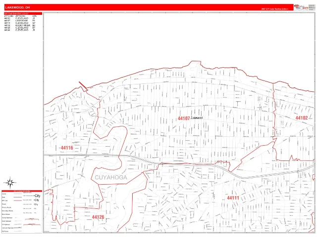 Lakewood, OH ZIP Code Wall Map, RedLine style