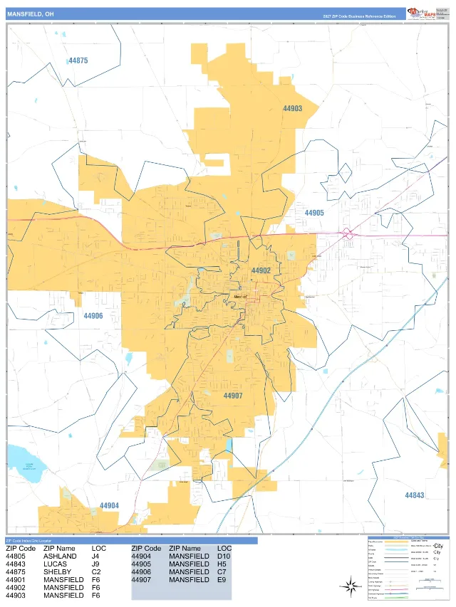 Mansfield, OH ZIP Code Wall Map, Business Reference style