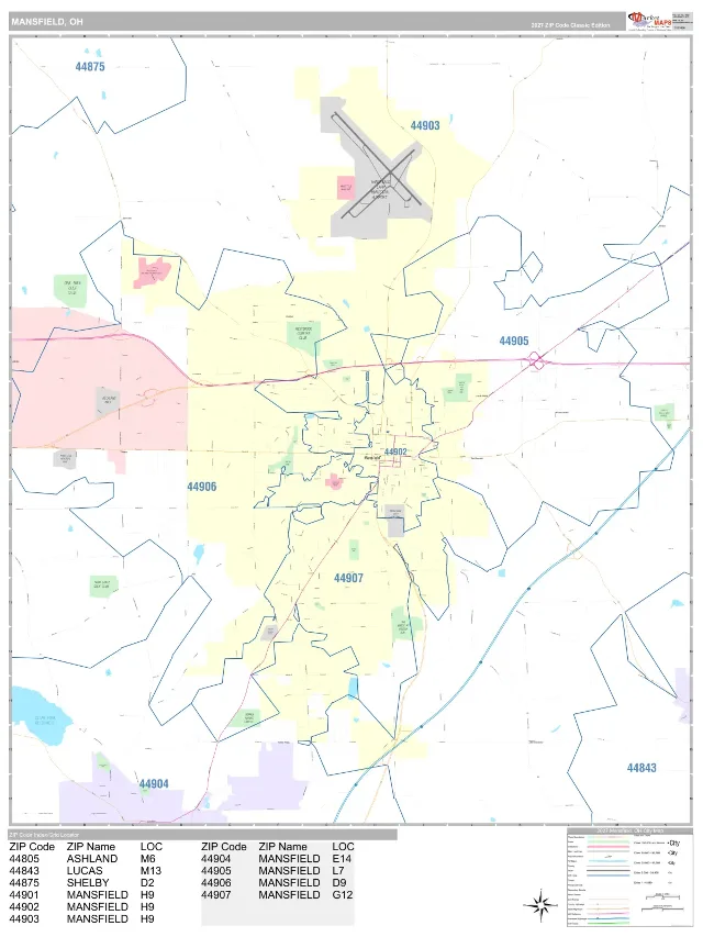 Mansfield, OH ZIP Code Wall Map, Classic style