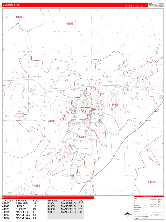 Mansfield, OH ZIP Code Wall Map, RedLine style