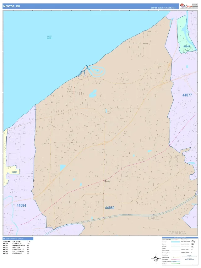 Mentor, OH ZIP Code Wall Map, ColorCast style