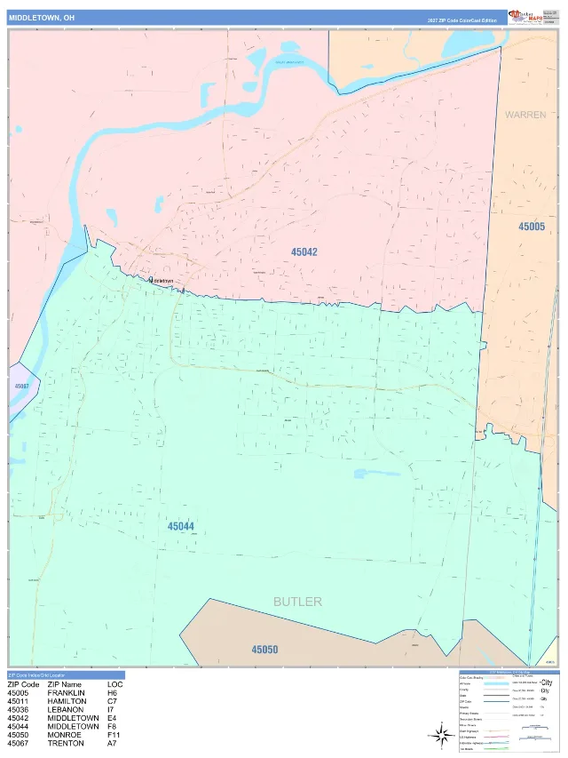 Middletown, OH ZIP Code Wall Map, ColorCast style