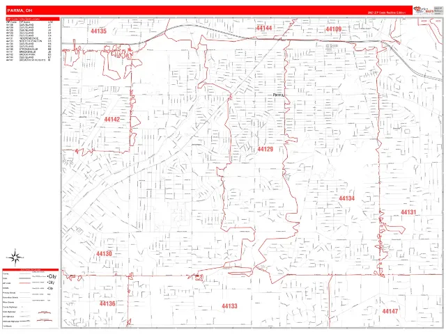 Parma, OH ZIP Code Wall Map, RedLine style