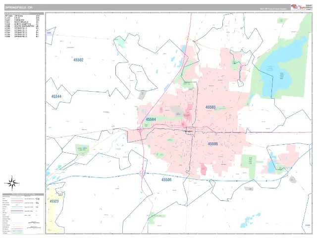 Springfield, OH ZIP Code Wall Map, Classic style