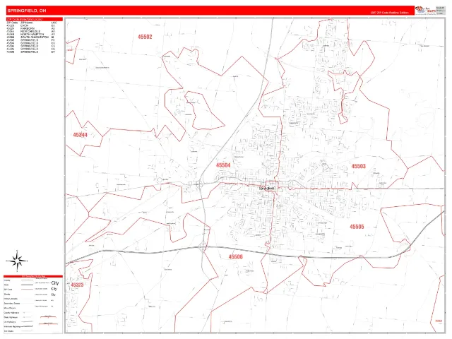 Springfield, OH ZIP Code Wall Map, RedLine style