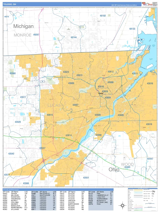 Toledo, OH ZIP Code Wall Map, Business Reference style