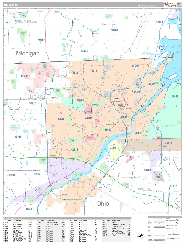 Toledo, OH ZIP Code Wall Map, Classic style