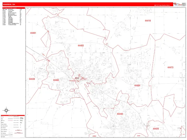 Warren, OH ZIP Code Wall Map, RedLine style