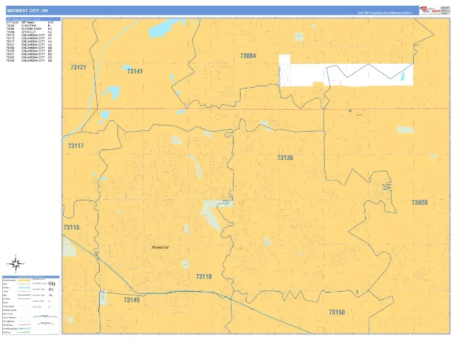 Midwest City, OK ZIP Code Wall Map, Business Reference style