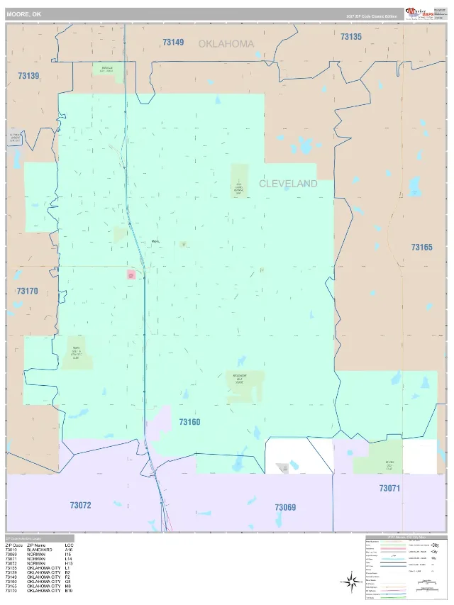 Moore, OK ZIP Code Wall Map, Classic style