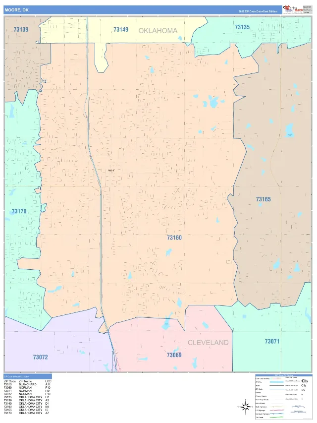 Moore, OK ZIP Code Wall Map, ColorCast style