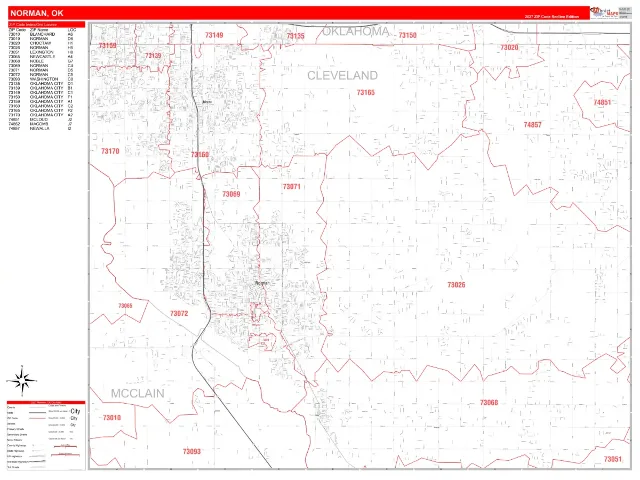 Norman, OK ZIP Code Wall Map, RedLine style