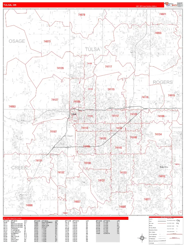 Tulsa, OK ZIP Code Wall Map, RedLine style