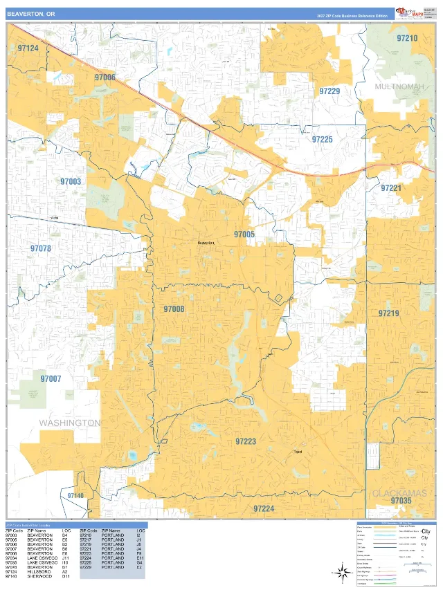 Beaverton, OR ZIP Code Wall Map, Business Reference style