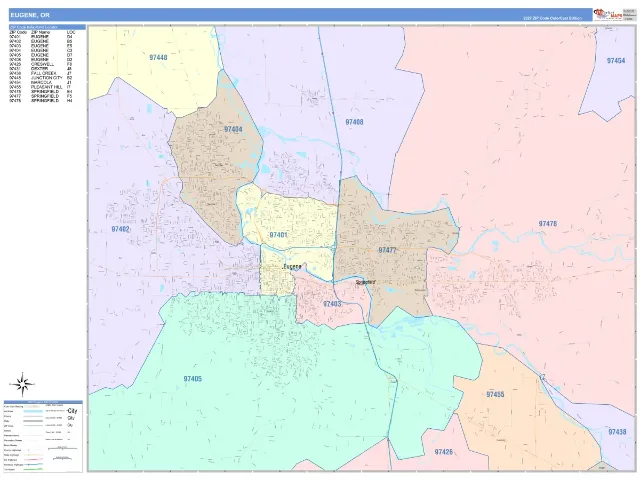 Eugene, OR ZIP Code Wall Map, ColorCast style
