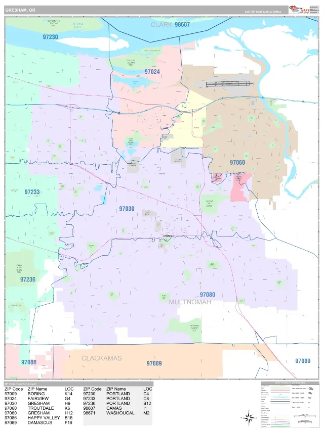 Gresham, OR ZIP Code Wall Map, Classic style